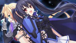  2girls ain_aru armor bare_shoulders black_hair breasts chou_megami_shinkou_noire_gekishin_black_heart cleavage game_cg hair_ornament highres long_hair looking_at_viewer manamitsu multiple_girls neptune_(series) noire_(neptunia) official_art open_mouth red_eyes ribbon smile twintails very_long_hair 