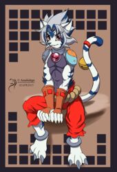  2015 3_toes accessory anklet anthro arashidrgn armor barefoot bell biped blue_body blue_fur bottomwear cel_shading claws clothed clothing feet felid fingerless_gloves front_view fur furgonomics gloves grey_body grey_fur hair handwear hi_res jewelry kogenta_(onmyou_taisenki) looking_at_viewer male mammal onmyou_taisenki pantherine pants paws raised_tail shaded short_hair shoulder_guards simple_background sitting smile solo stripes tail tail_accessory tail_bell tiger toes toony white_body white_fur 