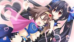  2girls black_hair breasts brown_hair chou_megami_shinkou_noire_gekishin_black_heart closed_eyes estelle_(neptunia) game_cg hair_ornament heart highres hug long_hair manamitsu medium_breasts multiple_girls neptune_(series) noire_(neptunia) official_art open_mouth red_eyes twintails 