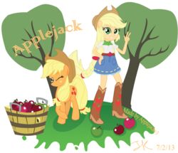  anthro anthrofied apple applejack_(eg) applejack_(mlp) applejackv3 belt better_version_at_source blonde_hair boots bottomwear bucket clothed clothing container cowboy_boots cowboy_hat cutie_mark denim denim_bottomwear denim_clothing denim_skirt duo eating english_text equestria_girls equid equine female food footwear freckles friendship_is_magic fruit fur gesture green_eyes hair hand_gesture hasbro hat headgear headwear horse mammal my_little_pony one_eye_closed orange_body orange_fur orange_skin plant pony simple_background size_difference skirt smile square_crossover standing teeth text tree v_sign white_background wink 