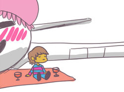  aircraft ambiguous_gender blush brown_hair clothing cookncry dire_aircraft dire_machine dire_vehicle duo female frisk_(undertale) glass hair hat headgear headwear human living_aircraft living_machine living_vehicle lolicon machine mammal not_furry picnic tsunderplane undertale undertale_(series) vehicle young 