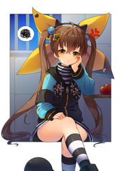  ahoge anger_vein apple arm_support bad_id bad_pixiv_id black_footwear black_jacket blue_sky boots brown_eyes brown_hair closed_mouth commentary_request crossed_legs davi_(destiny_child) destiny_child feet_out_of_frame female fingernails food fruit hair_between_eyes hair_ornament hair_ribbon hand_up head_tilt heart indoors jacket kneehighs long_hair long_sleeves nail_polish night night_sky orange_nails photoshop_(medium) red_apple ribbon shirt sitting sky sleeves_past_wrists socks solo spoken_squiggle squiggle star_(symbol) star_hair_ornament striped_clothes striped_shirt striped_socks tp_(kido_94) twintails v-shaped_eyebrows very_long_hair yellow_ribbon zipper_pull_tab 