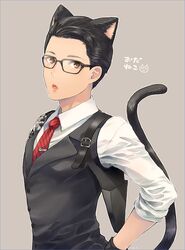  1boy animal_ears black_hair brown_eyes cat_ears cat_tail commentary_request extra_ears glasses holster joseph_oda kemonomimi_mode male_focus ritsu_(0015-xxxlxxxr) shoulder_holster solo tail the_evil_within upper_body vest waistcoat 