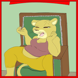  1:1 anthro biped border breasts brown_eyes chair claws cleavage clothed clothing diana_(samanthaweltzin) felid female furniture half-closed_eyes humbug_(artist) king lion mammal narrowed_eyes open_mouth overweight overweight_anthro overweight_female pantherine pred_quest red_border royalty sitting solo 