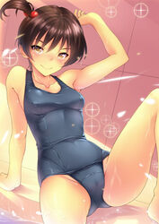  bare_shoulders brown_hair collarbone commentary_request female hair_bobbles hair_ornament kanata_(kanata_onion) looking_at_viewer one-piece_swimsuit original photoshop_(medium) school_swimsuit short_ponytail side_ponytail sitting smile solo spread_legs swimsuit water wet yellow_eyes 