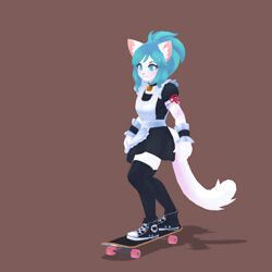  1:1 3d_(artwork) 3d_animation :3 absolute_territory accessory animated anthro armband atelierlily balancing bell bell_collar biped blinking blue_eyes blue_hair blush brown_background clothed clothing collar digital_media_(artwork) domestic_cat felid feline felis female female_anthro footwear fully_clothed fur hair hair_accessory hair_tie inner_ear_fluff jumping maid_uniform mammal no_pupils sash shadow shoes short_playtime simple_background skateboard skateboard_trick skateboarding slim smile sneakers solo tablekat three-quarter_view trick tuft uniform vehicle white_body white_fur 