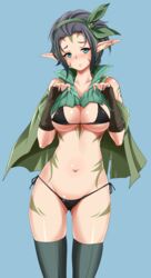  bad_id bad_pixiv_id bikini black_bikini black_hair blush breasts cape earrings endou_masatoshi female fingerless_gloves gloves green_eyes hairband jewelry large_breasts looking_at_viewer magic:_the_gathering navel nissa_revane pointy_ears shiny_skin side-tie_bikini_bottom skindentation solo standing swimsuit thighhighs underboob 