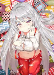  ashu bow breasts brown_footwear buttons cleavage closed_mouth collared_shirt commentary_request cropped_shirt female from_above fujiwara_no_mokou grey_hair hairbow hand_on_own_chest hand_on_own_face hands_up head_tilt highres long_hair long_sleeves looking_at_viewer looking_up midriff navel ofuda ofuda_on_clothes open_clothes open_fly open_pants pants partially_unbuttoned pillow red_eyes red_pants shirt shoes smile solo stomach suspenders thigh_gap touhou tsurime very_long_hair white_shirt wing_collar 