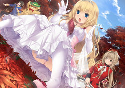  1boy 2girls :o absurdres amagi_brilliant_park antenna_hair autumn_leaves blonde_hair blue_eyes breasts brown_eyes brown_hair cloud commentary day dress elbow_gloves english_commentary food gloves gun hat highres holding kanie_seiya kopianget large_breasts latifa_fleuranza leaf long_hair moffle multiple_girls open_mouth panties panty_peek pink_panties rifle seiza sento_isuzu sitting sky sweet_potato thighhighs tiara tree underwear weapon white_thighhighs 