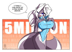  2009 anthro big_breasts blue_eyes bodysuit breasts chloe_sinclaire clothed clothing conditional_dnp dialogue english_text female fur grey_body grey_fur hair huge_breasts jollyjack mammal mephitid multicolored_body multicolored_fur skinsuit skunk solo speech_bubble text tight_clothing two_tone_body two_tone_fur white_body white_fur white_hair zipper 