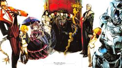  3girls 5boys ainz_ooal_gown albedo_(overlord) aura_bella_fiora bonnet butler cocytus_(overlord) dark_elf demiurge demon_girl dress elf formal frilled_dress frilled_skirt frilled_sleeves frills glasses gothic_lolita hair_ribbon highres horns lich lolita_fashion mare_bello_fiore multiple_boys multiple_girls necktie official_art overlord_(maruyama) pointy_ears ribbon round_eyewear sebas_tian shalltear_bloodfallen skeleton skirt so-bin staff suit tail umbrella vampire wings 