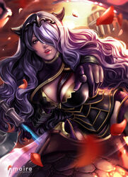  armor axe black_armor black_panties breasts camilla_(fire_emblem) cleavage commentary_request enmoire female fire_emblem fire_emblem_fates hair_over_one_eye large_breasts lips long_hair looking_at_viewer panties purple_eyes purple_hair solo thighs tiara underwear very_long_hair wavy_hair 