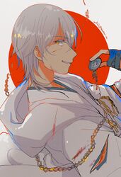  bad_id bad_pixiv_id banned_artist blood hood japanese_clothes male_focus mitsu_(imoimou) profile scar smile solo torn_clothes touken_ranbu tsurumaru_kuninaga white_hair yellow_eyes 