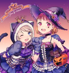  2girls animal_ears animal_hands animal_hood blue_eyes blush bow braid candy candy_cane cape capelet cat_ears cat_hood cat_tail choker commentary_request crown dress earrings facepaint flower food frills fur_trim gloves grey_hair halloween happy_halloween hat heart hood jack-o&#039;-lantern jewelry lollipop looking_at_viewer love_live! love_live!_school_idol_festival love_live!_sunshine!! mini_crown multiple_girls one_eye_closed open_mouth orange_hair paw_gloves red_eyes ribbon short_hair side_braid sky sleeveless sleeveless_dress smile spaghetti_strap star_(sky) starry_sky tail takami_chika tiny_(tini3030) upper_body watanabe_you witch_hat yellow_ribbon 