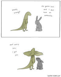  ambiguous_gender better_version_at_source dialogue duo english_text feral frill_(anatomy) fur green_body green_scales grey_body grey_fur hi_res kind lagomorph leporid liz_climo lizard mammal membrane_(anatomy) rabbit reptile scales scalie simple_background text white_background 