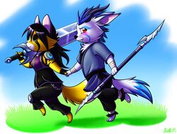  2013 anthro armor blue_background canid canine chibi closed_eyes clothing conditional_dnp digital_media_(artwork) duo faraden felid female hi_res highland_psycrhen hybrid kirai legacy_(ratte) male mammal melee_weapon new_faraden polearm psycrhen ratte red_eyes simple_background spear sword weapon yukikiba 