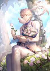  1boy animal animal_on_shoulder arthur_pendragon_(fate) arthur_pendragon_(white_rose)_(fate) belt_buckle between_fingers bird bird_on_shoulder blonde_hair blue_necktie blue_sky bouquet buckle building column commentary_request day dutch_angle fate/grand_order fate_(series) feet_out_of_frame flower formal green_eyes highres holding holding_flower holding_letter jacket leaf letter light_rays long_sleeves looking_at_viewer male_focus md5_mismatch necktie open_clothes open_jacket pants pillar plant rose seiza signature sitting sky smile sunbeam sunlight tenyo0819 thorns vines white_flower white_jacket white_pants white_rose 