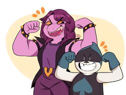  2018 anthro better_version_at_source bracelet clothed clothing deltarune digital_media_(artwork) duo female hair humanoid jewelry lancer_(deltarune) male mammal reptile ryllcat21 scalie smile spade_(disambiguation) spades_(suit) spiked_bracelet spikes suit_symbol susie_(deltarune) teeth undertale_(series) 