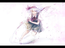  bad_id bad_pixiv_id bobby_socks bow bowtie cherry_blossoms commentary_request dlei dress_shirt female flower ghost green_eyes green_skirt green_vest hairband hairbow hitodama katana konpaku_youmu konpaku_youmu_(ghost) leg_up letterboxed petals plant puffy_short_sleeves puffy_sleeves ribbon scabbard sheath sheathed shirt short_hair short_sleeves simple_background skirt socks solo sword tassel touhou tsurime vest weapon white_background white_hair white_shirt white_socks 