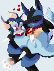  ambiguous_gender anthro blush canid canine collar duo eeveelution generation_1_pokemon generation_4_pokemon heart_symbol heart_triplet hikariviny lucario mammal nintendo pokemon pokemon_(species) spikes star tail vaporeon 