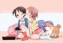  2girls 50yen_(gojiue) ass black_hair blush brown_hair canine casual closed_eyes collarbone commentary_request controller copyright_name denim denim_skirt frilled_pillow frills game_console game_controller gamepad hair_bobbles hair_ornament hair_ribbon heart heart-shaped_pillow holding hood hoodie ichigo_mashimaro imminent_kiss itou_chika matsuoka_miu multiple_girls one_eye_closed panties pillow playstation_2 polka_dot raglan_sleeves ribbon satake_(ichigo_mashimaro) side_ponytail sitting skirt skirt_tug socks twintails underwear white_panties yuri 