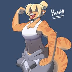  1:1 anthro clothing facial_piercing felid female flexing fur hi_res looking_at_viewer mammal muscular muscular_female nose_piercing open_mouth piercing purple_eyes rat_bastard shirt smile solo tan_body tan_fur tank_top tongue tongue_out topwear waitress_(artist) 