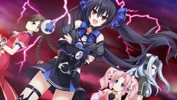  4girls bare_shoulders black_hair blue_hair braid chou_megami_shinkou_noire_gekishin_black_heart crop_top crossed_arms game_cg hair_ornament highres lightning long_hair looking_at_viewer manamitsu multiple_girls neptune_(series) noire_(neptunia) official_art pink_hair red_eyes restoa ribbon rid rii_fai smile twintails 