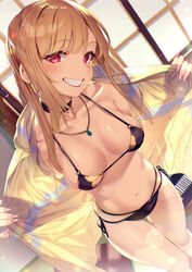  absurdres barbell_piercing bikini black_bikini black_choker blonde_hair blush breasts choker collarbone collared_shirt commentary_request ear_piercing earrings fake_nails female floral_print goshichi_shoji grin gyaru halterneck highres indoors jewelry kitagawa_marin long_hair looking_at_viewer md5_mismatch medium_breasts multi-strapped_bikini_bottom navel open_clothes open_shirt pendant piercing pink_nails print_bikini red_eyes ring shiny_skin shirt shouji side-tie_bikini_bottom sliding_doors smile solo sono_bisque_doll_wa_koi_wo_suru standing string_bikini swimsuit teeth thighs unbuttoned unbuttoned_shirt 