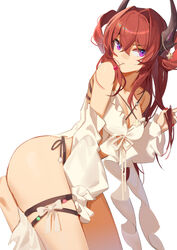  arknights bare_shoulders bikini black_ribbon bow breasts cherry cleavage closed_mouth criss-cross_halter detached_sleeves female food fruit hair_intakes hair_rings halterneck horns large_breasts leaning_forward leg_up long_hair long_sleeves looking_at_viewer mouth_hold newflame official_alternate_costume purple_eyes red_hair ribbon side-tie_bikini_bottom simple_background solo standing standing_on_one_leg surtr_(arknights) surtr_(colorful_wonderland)_(arknights) swimsuit swimsuit_cover-up thigh_strap v-shaped_eyebrows very_long_hair white_background white_bow 