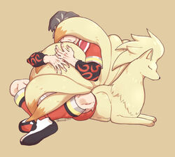  1boy artist_name batabiru commentary_request fingernails grey_hair hug kabu_(pokemon) male_focus multicolored_hair ninetales pokemon pokemon_(creature) pokemon_swsh red_legwear shirt shoes short_sleeves shorts side_slit side_slit_shorts sitting socks towel towel_around_neck two-tone_hair watermark yellow_fur 