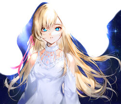  arms_at_sides black_joa blonde_hair blue_eyes blurry breasts clothing_cutout commentary_request depth_of_field dress female final_fantasy final_fantasy_xiv floating_hair hair_ribbon highres hyur long_hair long_sleeves looking_at_viewer minfilia_warde parted_lips photoshop_(medium) pink_ribbon ribbon ryne_waters shoulder_cutout solo tress_ribbon upper_body veil very_long_hair white_dress 