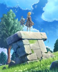  2girls blonde_hair blue_eyes cape cloud dress genshin_impact grass halo kenshin_(kenshin3) looking_at_another lumine_(genshin_impact) multiple_girls outdoors paimon_(genshin_impact) romper scarf short_hair sky standing tree white_dress white_hair white_romper wind 