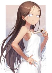  absurdres brown_eyes brown_hair character_request closed_mouth collarbone dress female freckles from_side hand_on_own_hip highres long_hair looking_at_viewer momihige nisemono_no_renkinjutsushi nora_petan smile solo upper_body white_dress 