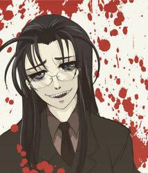  black_hair blood blood_splatter blue_eyes commentary female formal glasses hellsing highres long_hair looking_at_viewer necktie open_mouth rip_van_winkle saijouji_reika sharp_teeth solo suit teeth 