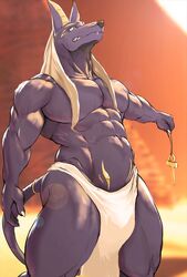  abs angry anthro anubian_jackal anubis bottomwear canid canine canis clothing deity egyptian_mythology headgear headwear jackal loincloth looking_down male mammal middle_eastern_mythology muscular muscular_anthro muscular_male mythology pecs pyramid simple_background solo v-line zex 