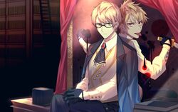  2boys ascot black_gloves blonde_hair blood blood_splatter commentary_request csyday dagger different_reflection dual_persona fate/prototype fate/prototype:_fragments_of_blue_and_silver fate_(series) glasses gloves green_eyes jekyll_and_hyde_(fate) knife mirror multiple_boys red_eyes reflection sitting tongue tongue_out waistcoat weapon 