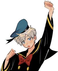  1boy :o absurdres arm_up blue_eyes blue_hat bow bowtie commentary disney donald_duck donald_duck_sailor_hat english_commentary hat highres humanization long_sleeves male_focus open_mouth red_bow sailor_collar short_hair solo teeth upper_body upper_teeth_only white_background white_hair winteamelon 