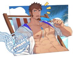  00047 1boy bara blue_eyes brown_hair cross_scar dated dripping facial_hair fate/grand_order fate_(series) food food_on_pectorals goatee happy_birthday highres holding holding_food large_pectorals male_focus muscular muscular_male napoleon_bonaparte_(fate) open_clothes open_mouth open_shirt pectorals popsicle scar scar_on_chest shirt short_hair sideburns solo white_shirt 