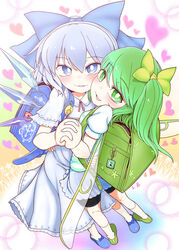  2girls backpack bag blue_eyes blue_footwear blue_hair blush bomb_item_(touhou) bow bright_pupils cheek-to-cheek cirno crime_prevention_buzzer daiyousei dress from_above full_body green_eyes green_footwear green_hair hairbow heads_together highres hug ice ice_wings interlocked_fingers looking_at_viewer multiple_girls power-up power_item_(touhou) randoseru smile standing touhou white_pupils wings yassy yuri 