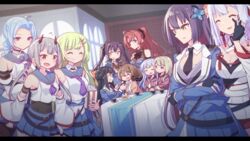  6+girls =_= ^_^ ahoge arm_belt arms_at_sides arms_under_breasts assault_lily bare_shoulders belt belt_buckle black_belt black_bow black_bowtie black_gloves black_scrunchie blonde_hair blue_cloak blue_hair blue_jacket blue_sailor_collar blue_shirt blue_skirt blunt_bangs blurry blurry_background blurry_foreground blush bow bowtie braid braided_ponytail breasts brown_cardigan brown_gloves brown_pantyhose brown_sailor_collar brown_shirt buckle butterfly_hair_ornament cake cake_slice cardigan chair cleavage cloak closed_eyes closed_mouth collared_shirt covered_navel criss-cross_halter cropped_jacket crossed_arms cup depth_of_field detached_collar detached_sleeves dutch_angle epaulettes facing_another feeding fingerless_gloves flower flower_knot flying_sweatdrops food fork fujita_asagao funada_kiito funada_ui gloves green_hair grey_hair grin hair_between_eyes hair_flower hair_ornament hair_ribbon hair_scrunchie hairbow hairclip half_gloves half_updo halterneck hand_on_another&#039;s_back hand_on_own_chin hands_up headphones headphones_around_neck heads_together high_ponytail highres hishida_haru holding holding_food holding_fork horns hug hug_from_behind igusa_subaru indoors jacket japanese_clothes juliet_sleeves kanba_girls_high_school_uniform kawabata_hotaru kawamura_yuzuriha kimono kimono_skirt kon_kanaho letterboxed light_particles long_hair long_sleeves looking_at_another looking_at_viewer low_ponytail low_twintails mechanical_horns medium_breasts miniskirt miyagawa_takane morugen multiple_belts multiple_girls neckerchief necktie obi obijime oerba_yun_fang on_chair open_mouth orange_bow orange_eyes pantyhose parted_bangs parted_lips partially_fingerless_gloves pink_flower pink_shirt plate pleated_skirt ponytail popcorn puffy_sleeves purple_eyes purple_hair purple_neckerchief purple_necktie pushing red_hair red_horns red_ribbon ribbon sailor_collar sash saucer school_uniform scrunchie serafuku shirt short_kimono siblings side-by-side sidelocks sideways_glance single_braid sisters sitting skirt sleeveless sleeveless_shirt smile smirk sparkle strawberry_shortcake striped striped_bow sweatdrop table tassel tassel_hair_ornament tea teacup tsukioka_momiji twintails undershirt v-shaped_eyebrows very_long_hair white_kimono white_necktie white_ribbon white_shirt wide_sleeves window x_hair_ornament yellow_eyes yokoyama_azusa yuri 