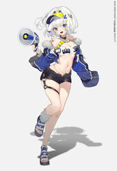  :d absurdres bandaid bandaid_on_face bandaid_on_knee bandaid_on_leg bare_legs black_collar black_shorts blue_eyes blue_hair blue_jacket blue_nails blush breasts cleavage collar crop_top cropped_jacket female fingerless_gloves full_body gloves hair_between_eyes hair_ornament hairclip highres holding holding_megaphone jacket layered_sleeves long_sleeves looking_at_viewer medium_breasts megaphone midriff moriyama_meiko multicolored_hair nail_polish navel oerba_yun_fang open_clothes open_jacket original panty_straps sandals short_hair short_shorts shorts single_sock skin_fang smile socks solo streaked_hair thigh_strap toenail_polish toenails visor_cap white_gloves white_hair white_socks 