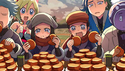  3boys 3girls :t adaman_(pokemon) akari_(pokemon) black_hair black_shirt blonde_hair blush_stickers closed_mouth cloud commentary_request cup cyllene_(pokemon) eating eating_contest eyelashes food food_on_face grey_eyes grey_headwear grey_jacket head_scarf holding holding_food imomochi irida_(pokemon) jacket jewelry laventon_(pokemon) mafty mochi multiple_boys multiple_girls nausea neck_ring open_mouth outdoors pokemon pokemon_legends:_arceus red_scarf rei_(pokemon) scarf shirt short_hair sky smile tearing_up wagashi 