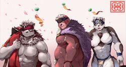  3boys abs absurdres ainu_clothes animal_ears bara bare_pectorals bear_boy belly brown_fur bulge chest_hair distracted_boyfriend_(meme) eru_(eruprior) eyepatch fangs frown furry furry_male furry_with_furry grey_fur grey_hair headband highres horkeu_kamui kimun_kamui_(housamo) large_pectorals male_focus mature_male meme multiple_boys muscular muscular_male navel nipples parody pectorals pelvic_curtain petals plump revealing_clothes short_hair stomach tail thick_thighs thighs tokyo_afterschool_summoners two-tone_fur volkh_vseslav white_fur white_hair wolf_boy wolf_ears wolf_tail yaoi yellow_eyes 