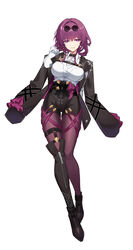  absurdres asymmetrical_footwear black_footwear black_shorts boots breasts commentary_request czk female full_body hand_up highres honkai:_star_rail honkai_(series) kafka_(honkai:_star_rail) large_breasts long_sleeves pantyhose pince-nez purple_eyes purple_hair purple_pantyhose shirt short_hair short_shorts shorts simple_background solo thighs white_background white_shirt 