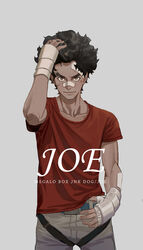  1boy bandage_on_face bandages belt black_hair brown_eyes character_name collarbone copyright_name dark-skinned_male dark_skin dong_wensen gloves highres joe_(megalo_box) looking_at_viewer male_focus megalo_box red_shirt scar shirt simple_background solo standing t-shirt 