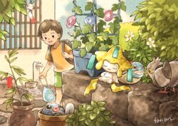  1boy backpack bag blue_flower brown_bag brown_hair bubble chimecho commentary faucet flower flower_pot green_shorts holding in_pot jirachi leaf male_focus matsuri_(matsuike) morning_glory open_mouth pidove pink_flower plant pokemon pokemon_(creature) poliwag potted_plant shirt short_hair short_sleeves shorts smile squirt_bottle_(pokemon) squirtle standing stone_wall t-shirt tanzaku teeth themed_object tomato_cage upper_teeth_only watering_can 