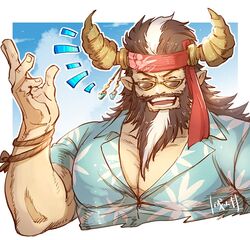  1boy bara beard brown_hair closed_eyes day draph facial_hair granblue_fantasy hand_up hawaiian_shirt horns large_pectorals laughing long_beard male_focus mature_male multicolored_hair muscular muscular_male old old_man outdoors pectoral_cleavage pectorals pointy_ears redluck rope sanwari_(aruji_yume) shirt solo sunglasses two-tone_hair upper_body white_hair 