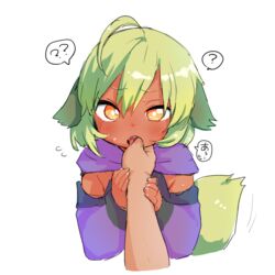  1other ? ?? ahoge animal_ears babalilo bad_id bad_twitter_id blush brown_eyes commentary_request cropped_torso dark-skinned_female dark_skin detached_sleeves disembodied_hand female finger_in_another&#039;s_mouth fingernails flying_sweatdrops green_hair hair_between_eyes hands_up long_sleeves looking_at_viewer original pov pov_hands purple_scarf purple_sleeves saliva scarf simple_background sleeves_past_wrists solo_focus spoken_question_mark tail teeth titi_(babalilo) tongue tongue_out upper_body upper_teeth_only white_background 