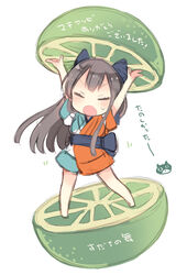  arms_up bad_id bad_pixiv_id bare_legs barefoot blush brown_hair chibi closed_eyes dot_nose facing_viewer female food fruit full_body harikamo holding in_food japanese_clothes kimono lemon long_hair meme mini_person minigirl motion_lines official_art open_mouth parody sash sazae-san sazae-san_food_gag_(meme) short_kimono short_sleeves simple_background solo standing sudachi_(fruit) sweat tatsumi_kon translated urara_meirochou v-shaped_eyebrows white_background 