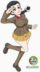  black_hair boots braid braided_ponytail brown_footwear brown_jacket chi-hatan_(emblem) chi-hatan_military_uniform commentary emblem enoya-eno female full_body girls_und_panzer hair_ribbon highres jacket knee_boots leg_up long_hair long_sleeves looking_at_viewer military military_uniform miniskirt open_mouth pleated_skirt purple_eyes ribbon salute simple_background single_braid skirt smile solo standing standing_on_one_leg tamada_tamaki uniform white_background white_ribbon yellow_skirt 